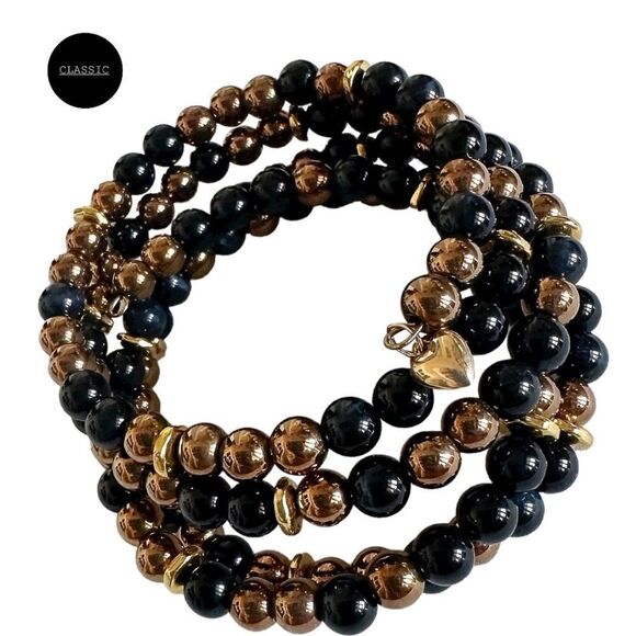 6mm Navy Tiger Eye & Bronze Hematite Wire Wrap Bracelet with Gold Spacers/Charm - Picture 1 of 4